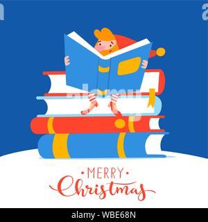 Weihnachtskarte mit niedlichen elf Zeichen ein Buch zu lesen. Stock Vektor