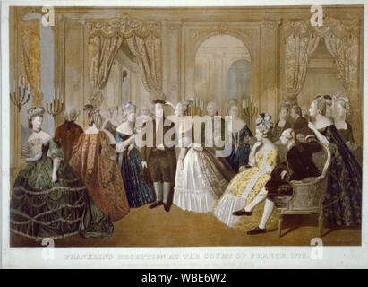 Franklin's Empfang an den Hof von Frankreich, 1778. Respekt für die Menschen in den Vereinigten Staaten Abstract: Drucken zeigt Benjamin Franklin mit einem Lorbeerkranz auf seinem Haupt. Von links nach rechts, einige der Mitglieder der französischen Hof gehören: Duchesse Jules de Polignac, Princesse Lamballe (mit Blumen), Diana Polignac (mit Kranz), Comte de Vergennes, Mme Campan, Countesse de Neuilly, Marie-Antoinette (sitzend), Louis XVI, Prinzessin Elizabeth. Stockfoto