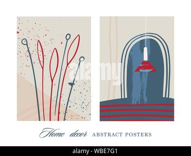 Abstrakte Color Vector Illustration. Flach und Hand gezeichnet Pinsel Tinte texturierte Kunst mit Lampe Tür und botanischen floralen Elementen. Stock Vektor