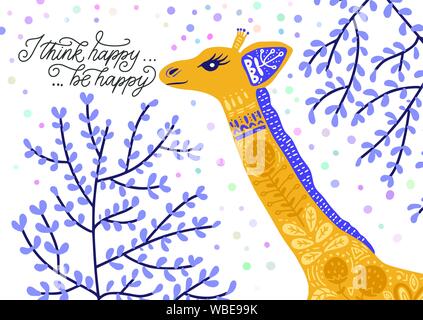 Cartoon giraffe Vektor flachbild Abbildung im skandinavischen Stil mit Schriftzug Zitat. Ich glaube, glücklich, glücklich werden. Stock Vektor