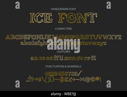 Handgezeichnete Vintage golden Vektor Alphabet ABC Schrift mit Buchstaben, Zahlen, Symbole. Für Kalligraphie, Schrift, handgemachte Zitate. Ice-Schriftart mit texturierten Buchstaben. Stock Vektor