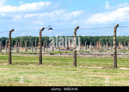 Stacheldraht Zäune an NS-Konzentrationslager Auschwitz-Birkenau, Polen Stockfoto