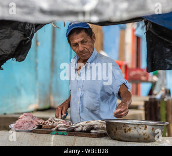 Puerto Pizarro, Ecuador - 20.August 2014: Mann bereitet frisch gefangenen Fische Stockfoto