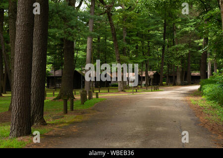Blockhäuser im Wald. Weiße Kiefern Wald State Park, Illinois, USA Stockfoto