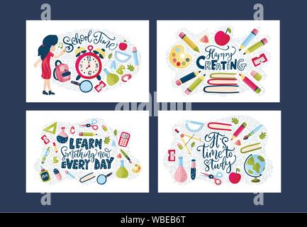 Vektor Schule Karte gesetzt. Zurück zu Schule Poster Collection mit Bildung liefert, Mädchen, Studentin und Schriftzug Quotes in Cartoon flatt und doodle Stil. Schreibwaren Abbildung. Stock Vektor