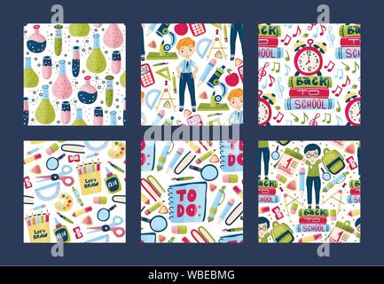 Vektor Schule und Lernen nahtlose Muster eingestellt. Zurück zu Schule Poster Collection mit Bildung liefert, Mädchen und Jungen Schüler in Cartoon flach und doodle Stil. Schreibwaren Abbildung. Stock Vektor