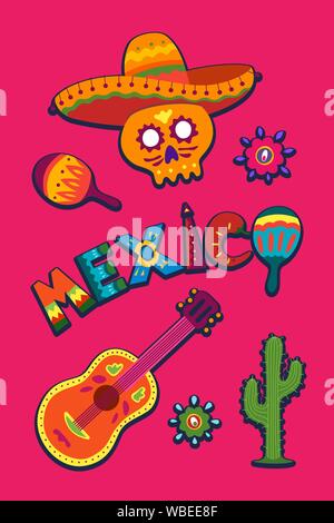 Mexiko Typografie Banner Element Kollektion mit bunten Text Dekoration Set. Festliche mexikanische Sombrero und Kaktus Vektor Latino rosa flache Illustration ideal für nationale Feiertagsfeier Veranstaltung Stock Vektor