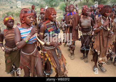 Hamer Frauen an einen Stier springen Zeremonie in der Nähe von Turmi, untere Omo Valley, Äthiopien Stockfoto