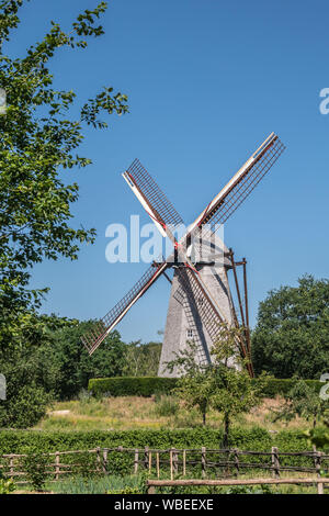 Bokrijk, Belgien - 27. Juni 2019: Mühle von Schulen liegt in der grünen Umgebung von Wiese gesetzt und von Bäumen unter blauem Himmel umgeben. Keine Segel am Flügel. Stockfoto