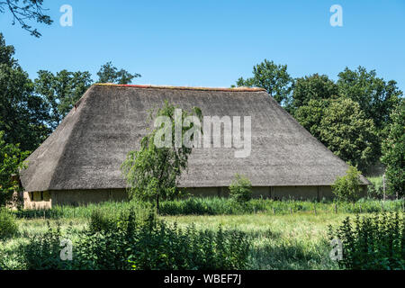 Bokrijk, Belgien - 27 Juni, 2019: Riesige Scheune mit grauen Strohdach ist in Grün der Wiese gesetzt und die umliegenden Bäume unter blauen Himmel. Stockfoto