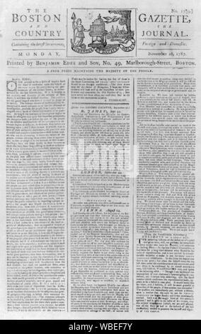 Vordere Seite der Boston Gazette, November 26, 1787 mit einem Brief an den Herausgeber von einer föderalistischen über verfassungskonvent Abstract/Medium drucken: 1. Stockfoto