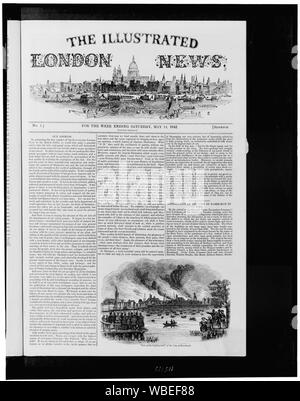 Titelseite der Illustrated London News, illustriert mit Blick auf London aus Waterfront, mit Blick auf die Zerstörung der Stadt Hamburg durch Feuer Abstract / Medium: 1 Print: holzstich. Stockfoto