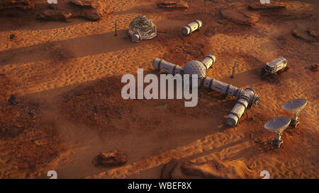 Lebensraum auf dem Mars, Basis in der Wüste Landschaft auf dem Roten Planeten Stockfoto