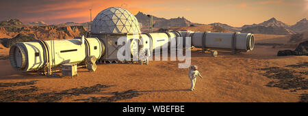 Mars base mit Astronaut, Habitat in Marslandschaft Stockfoto
