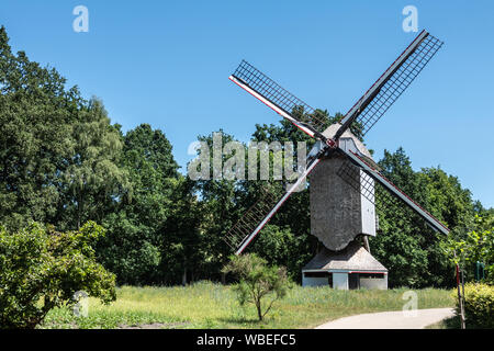 Bokrijk, Belgien - 27. Juni 2019: Mühle von Schulen liegt in der grünen Umgebung von Wiese gesetzt und von Bäumen unter blauem Himmel umgeben. Keine Segel am Flügel. Stockfoto