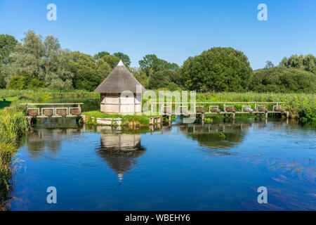 Fisherman's Hut und Aal fallen in der Nähe von Longstock entlang des Flusses Test im Test Valley im Sommer 2019 in Hampshire, England, Großbritannien Stockfoto