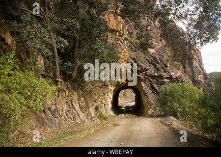Schmal und low road Tunnel durch den felsigen Klippen auf dem historischen alten Trainer Straße, die Stadt von Glen Innes zu Grafton, NSW Australien Stockfoto