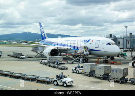 Ein All Nippon Airways (ANA) Flugzeuge als Vorbereitung für einen Flug geladen. Stockfoto