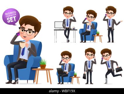 Business Manager vektor Zeichen gesetzt. Sitzung Business Manager Charakter sprechen in Handy in weißem Hintergrund. Vector Illustration. Stock Vektor