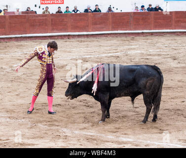 Ambato, Ecuador - Mar 15, 2015 - Stierkämpfer zu Fuß Duelle mit Stier während Karneval Stockfoto