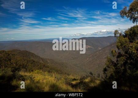 Landschaft geprägt von schroffen bewaldete Gipfel der Great Dividing Range, die fernen Horizont unter blauem Himmel strecken, NSW Australien Stockfoto