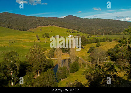 Landschaft und der Bauernhof unter sanften grünen Hügeln und neben Bach mit bewaldeten Gipfeln der Bereiche steigende in blauer Himmel in Victoria Australien Stockfoto