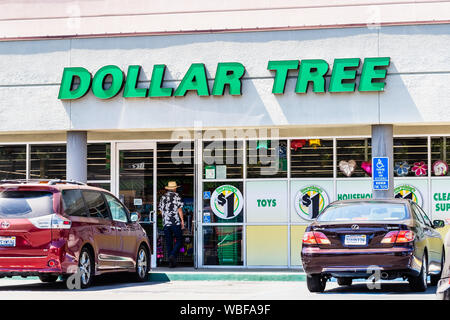 August 25, 2019 Pleasanton/CA/USA-Dollar Tree store Eingang; Dollar Tree Stores, Inc., ist eine amerikanische Kette der Rabatt Vielfalt Geschäfte, dass sel Stockfoto