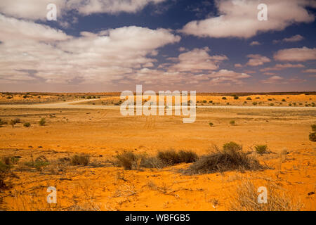 Arid Australian Outback Landschaft mit weiten Ebenen und roten Sanddünen entlang Strzelecki Track fast ohne Vegetation während der Dürre Stockfoto