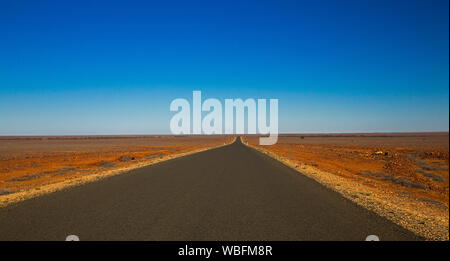 Lange Gerade Asphaltstrasse ausdehnend über karge Roten australischen Outback Ebenen zu fernen Horizont unter blauem Himmel Stockfoto