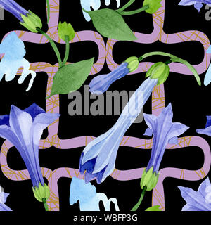 Blau Engelstrompeten floral botanischen Blumen. Aquarell Hintergrund Abbildung. Nahtlose Muster. Stockfoto