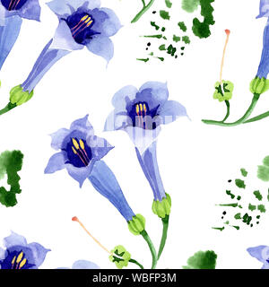 Blau Engelstrompeten floral botanischen Blumen. Aquarell Hintergrund Abbildung. Nahtlose Muster. Stockfoto