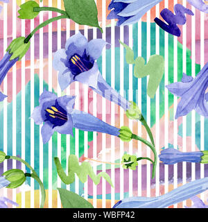 Blau Engelstrompeten floral botanischen Blumen. Aquarell Hintergrund Abbildung. Nahtlose Muster. Stockfoto
