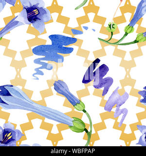 Blau Engelstrompeten floral botanischen Blumen. Aquarell Hintergrund Abbildung. Nahtlose Muster. Stockfoto