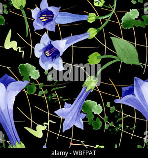 Blau Engelstrompeten floral botanischen Blumen. Aquarell Hintergrund Abbildung. Nahtlose Muster. Stockfoto