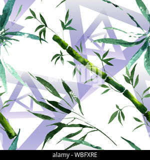 Bambus grüne Blätter und Stiele. Aquarell Hintergrund Abbildung. Nahtlose Muster. Stockfoto