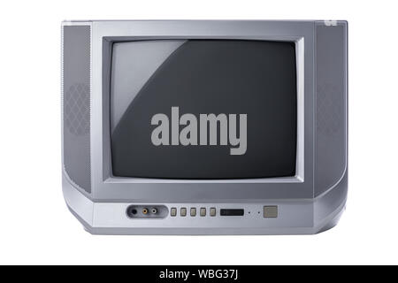 Fernsehen, Vintage tragbarer Fernseher mit statisches Bild auf weißem Hintergrund. Stockfoto