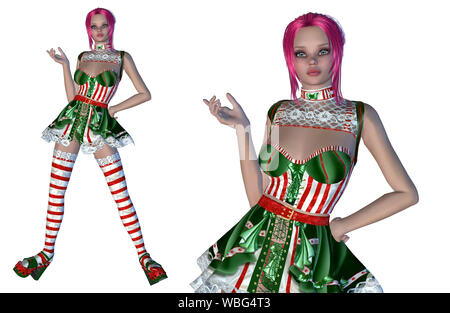 Digital gerenderte Darstellung eines Mädchens in Grün mit roten Streifen dress auf weißem Hintergrund. Stockfoto