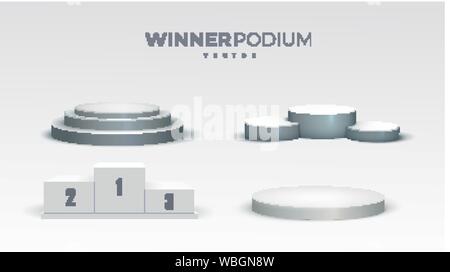 Weiß Podien. Runde und quadratische 3d-leere Podium mit Stufen. Showroom Podeste, Boden der Bühne Plattform Vektor isoliert mockup Stock Vektor