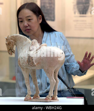 (190827) - ZHENGZHOU, Aug 27, 2019 (Xinhua) - ein Besucher einer Ausstellung während der Chinesischen Sport Heritage Ausstellung in Zhengzhou Museum in Zhengzhou, Hauptstadt der zentralchinesischen Provinz Henan, Aug 26, 2019 statt. Über 175 Exponate wurden auf dem Display während der Ausstellung, die aus hier Montag trat. (Xinhua/Li an) Stockfoto