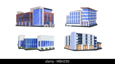 Verschiedene kommerzielle corporate office Gebäude Symbole Architektur Variationen Sammlung Business Center Mall Bibliothek Kino außen Stock Vektor