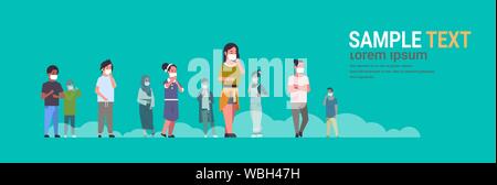 Menschen tragen Gesichtsmasken Umwelt Industrielle smog Staub giftige Luftverschmutzung und Virenschutzkonzept mix Rennen Männer Frauen wandern Outdoor full Stock Vektor