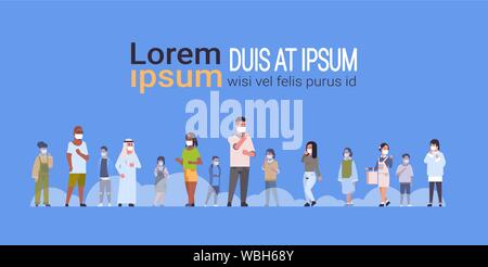 Menschen tragen Gesichtsmasken Umwelt Industrielle smog Staub giftige Luftverschmutzung und Virenschutzkonzept mix Rennen Männer Frauen wandern Outdoor full Stock Vektor