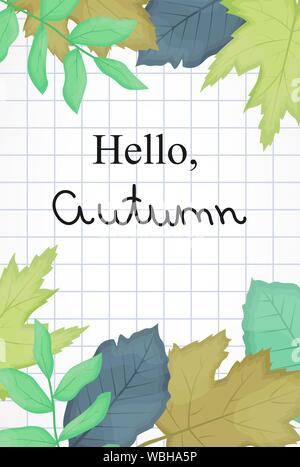 Den Herbst Sale Plakat mit Laub und Notebook in einem Käfig Hintergrund. Vektor flachbild Hintergrund. Stock Vektor