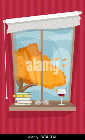 Atmosphärische herbst Fenster mit einem Glas Rotwein und einem Stapel Bücher. Gemütliche Herbsttage. Goldener Herbst. Flache Vector Illustration. Stock Vektor
