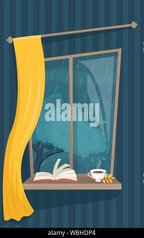 Atmosphärische herbst Fenster mit einer Tasse heißen Tee und ein Buch. Gemütliche Abende im Herbst. Regnerischen Herbst. Flache Vector Illustration. Stock Vektor