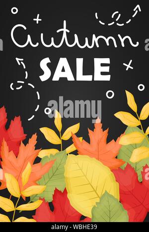 Den Herbst Sale Plakat mit Laub und dunklen Hintergrund. Vektor flachbild Hintergrund. Stock Vektor
