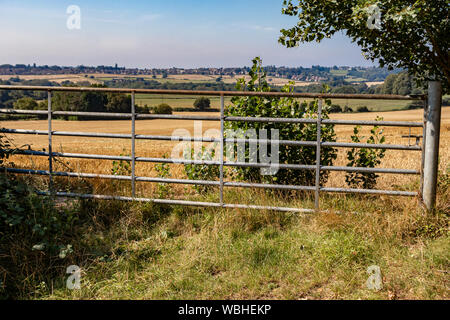 Vorhängeschloss aus Metall und Holz- Bauernhof Tore Schutz Vieh, Weiden und landwirtschaftlichen Flächen in den ländlichen Derbyshire. England Großbritannien Stockfoto