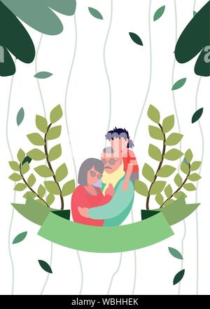 Opa und Oma umarmen mit Enkel Laub verlässt Band, glücklich Großeltern-Tag Vector Illustration Stock Vektor