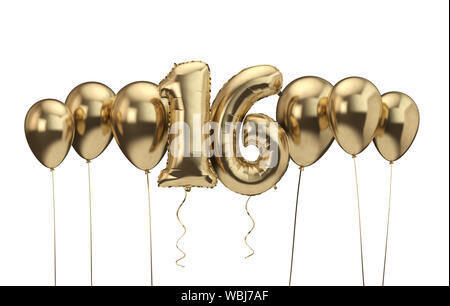 16. Geburtstag Gold Ballon Hintergrund. Alles Gute zum Geburtstag. 3D-Rendering Stockfoto