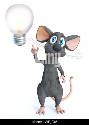 3D-Rendering von einem netten Lächeln Cartoon-maus, wie er eine glänzende Idee mit einem großen Glühbirne. Weißer Hintergrund. Stockfoto